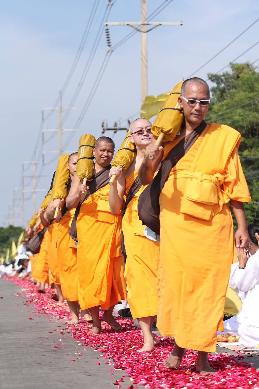 Monks, Buddhists, Buddhism, Walk, Orange, robes, thai, wat, phra dhammakaya, temple