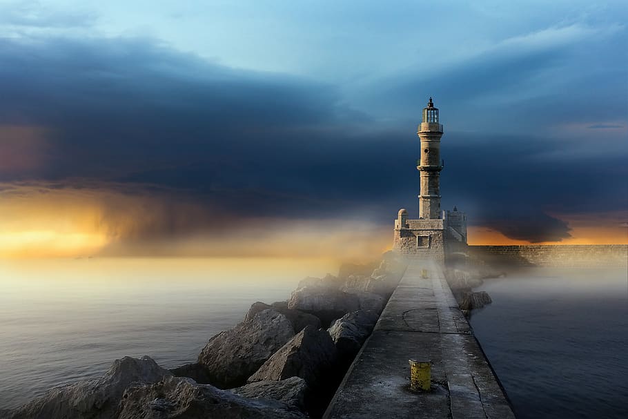 landscape, sea, lighthouse, storm, fog, clouds, built structure, sky, cloud - sky, architecture