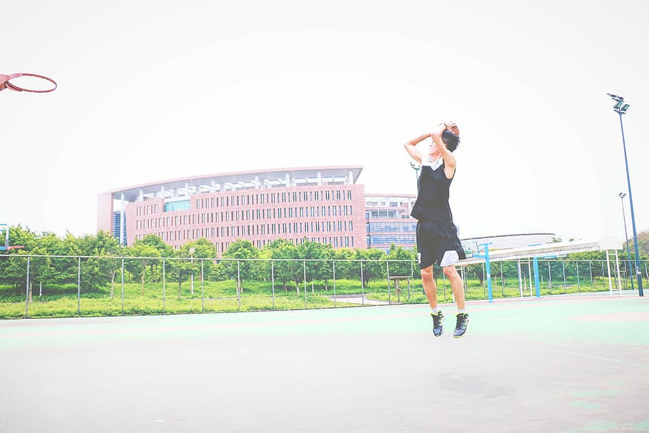boy playing basketball, man, black, jersey, tank, top, short, basketball, court, rim