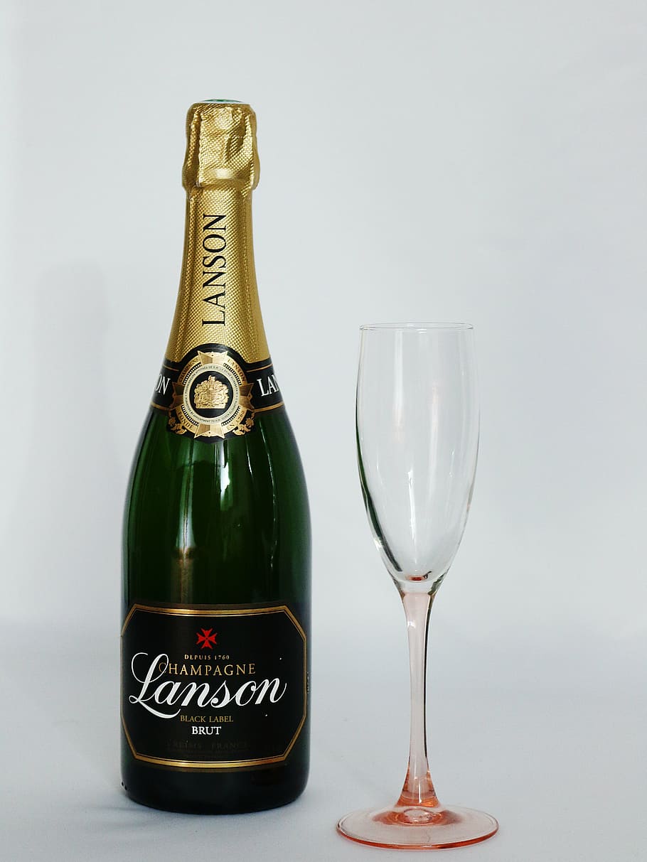 lanson champagne bottle, flute glass, wine, white wine, sparkling, champagne, alcohol, france, drink, grape