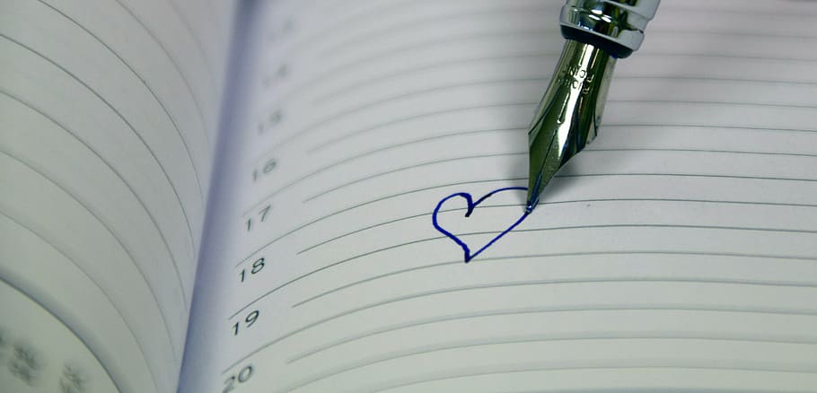 silver fountain pen, drew, heart, white, ruled, paper, book, calendar, notebook, leave
