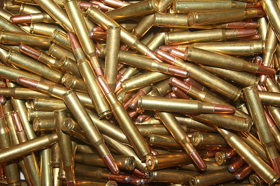closeup, bunch, bullets, ammunition, 30-06, long arms ammunition, cartridges, floor, lead, brass