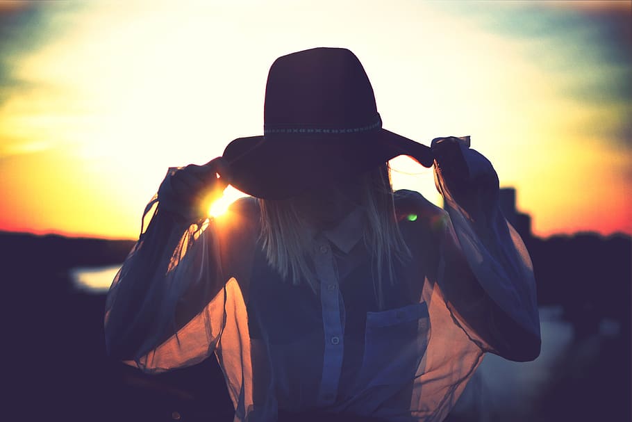 cloud, sky, sunset, people, woman, girl, hat, silhouette, one person, clothing