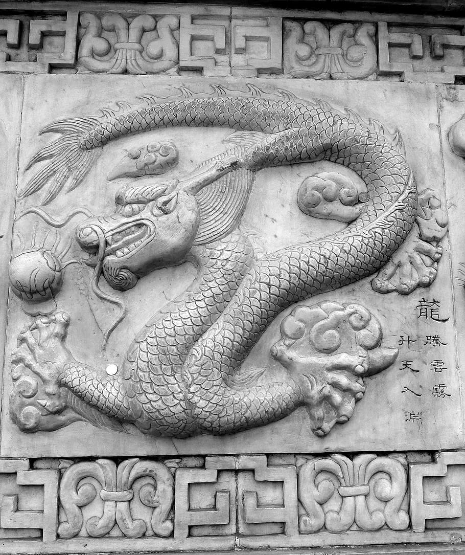 abu-abu, beton, ukiran, dekorasi dinding naga, naga, dinding, dekorasi, chen, Cina, simbol