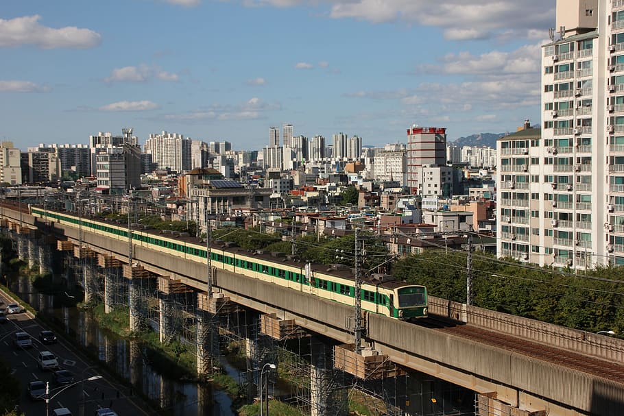 white, train, gray, concrete, rail track, subway, republic of korea, south korea subway, transportation, railway