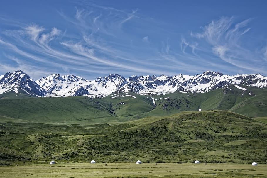 kyrgyzstan, mountains, suusamyrtoo mountain range, mountain range, yurts, landscape, nature, snow, glacier, sky