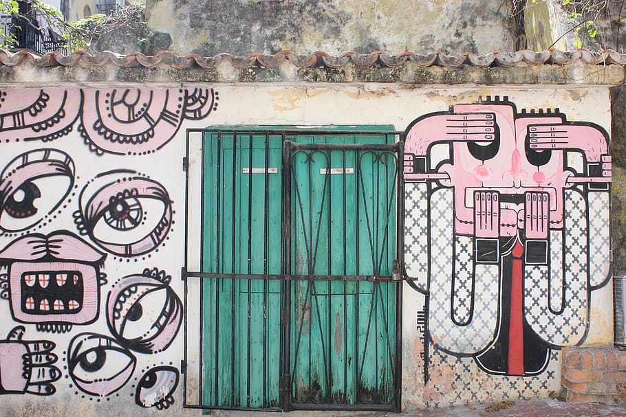 Grafiti, Façade, Havana, Kuba, tidak ada orang, di luar rumah, hari, multi-warna, close-up, eksterior bangunan