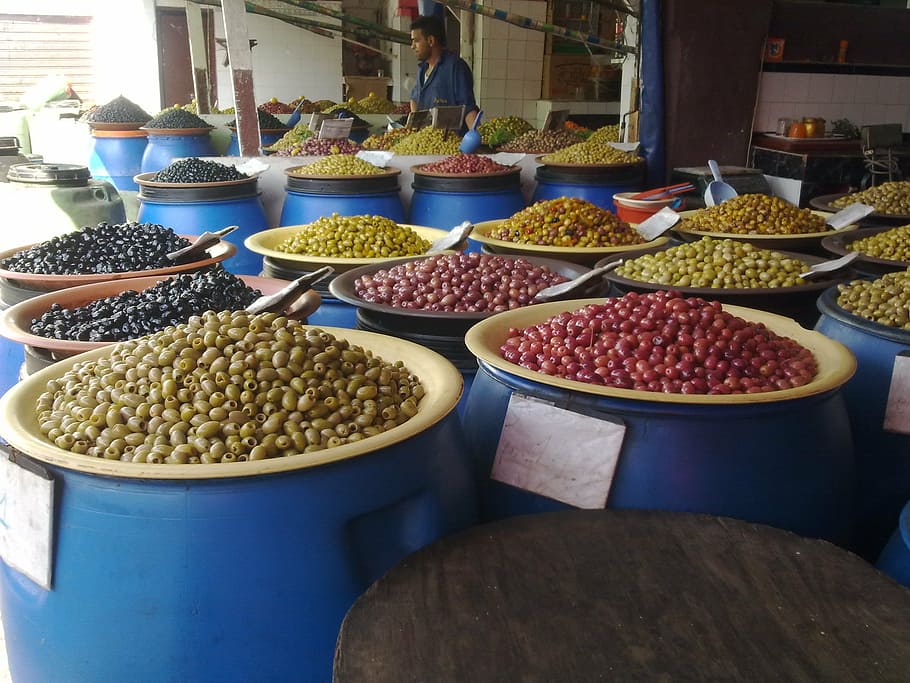 pots, olives, morocco, spices, food and drink, food, freshness, market, wellbeing, abundance