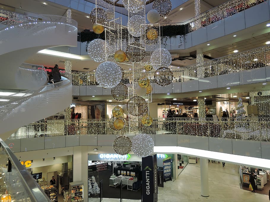 gold, silver chandelier, spiral stairs, supermarket, mall, market, hypermarket, selling, marketplace, christmas