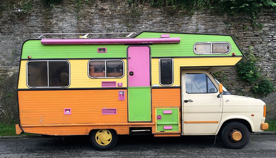 multicolored, class c motorhome, vintage, camping car, holiday, road, mode of transportation, transportation, land vehicle, public transportation