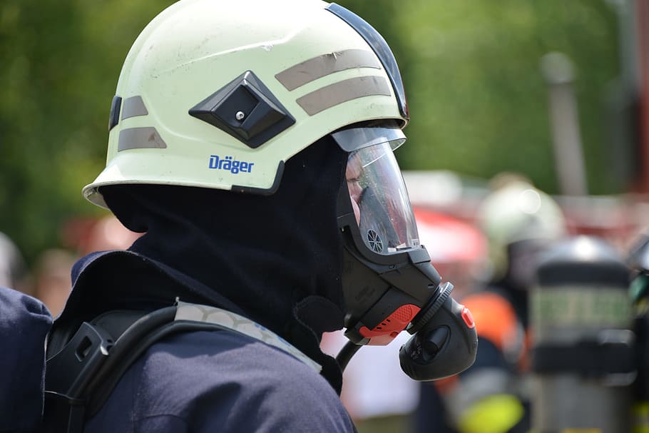 person, wearing, white, black, gas mask, fire, respiratory protection, feuerloeschuebung, firefighters, delete