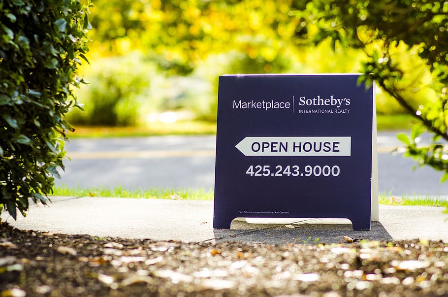 shallow, focus photo, open, house signage, open house, sign, aboard, house, property, estate