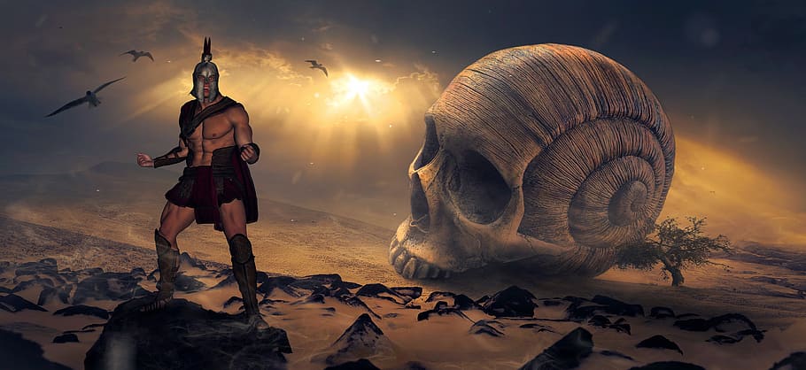 homem, de pé, preto, pedra, crânio gigante de caracol, digital, papel de parede, fantasia, guerreiro, crânio