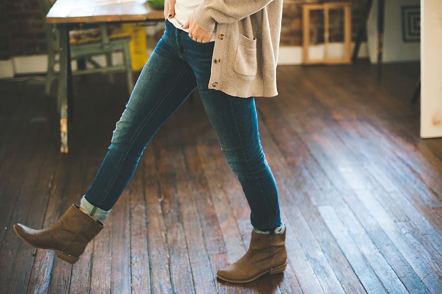 person, wearing, blue, jeans, pair, brown, leather booties, girl, denim, boots