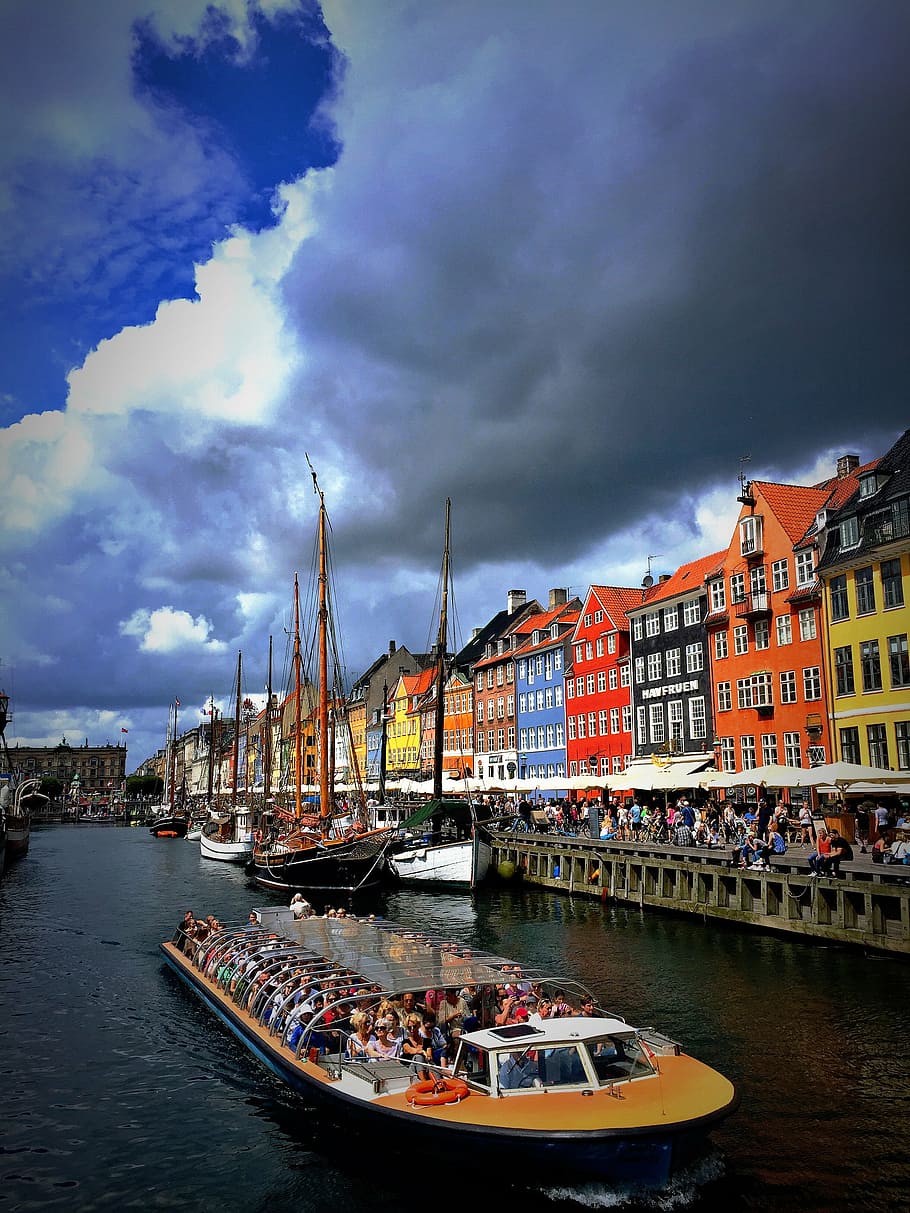盛り合わせ色の建物のロット, デンマーク, コペンハーゲン, 旅行, デンマーク語, エクステリア, 運河, 屋外, スカイライン, 観光