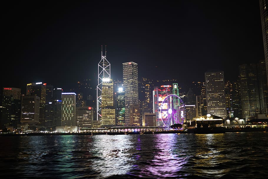 Noche, Escena, Hong Kong, Ferry, escena nocturna, rascacielos, Skyline urbano, paisaje urbano, Escena urbana, arquitectura