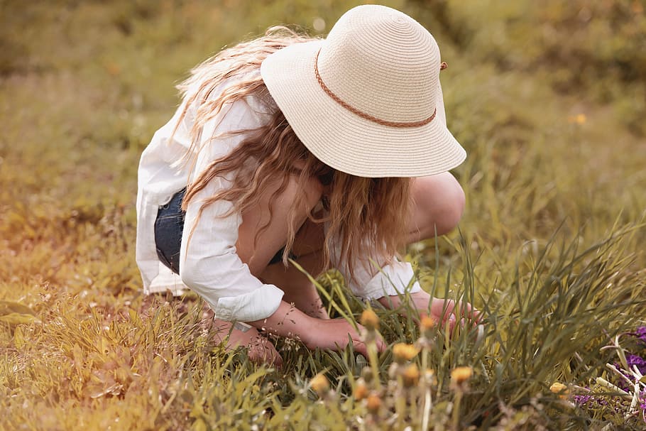 woman, sunhat, picking, flowers, field, person, human, female, girl, hat