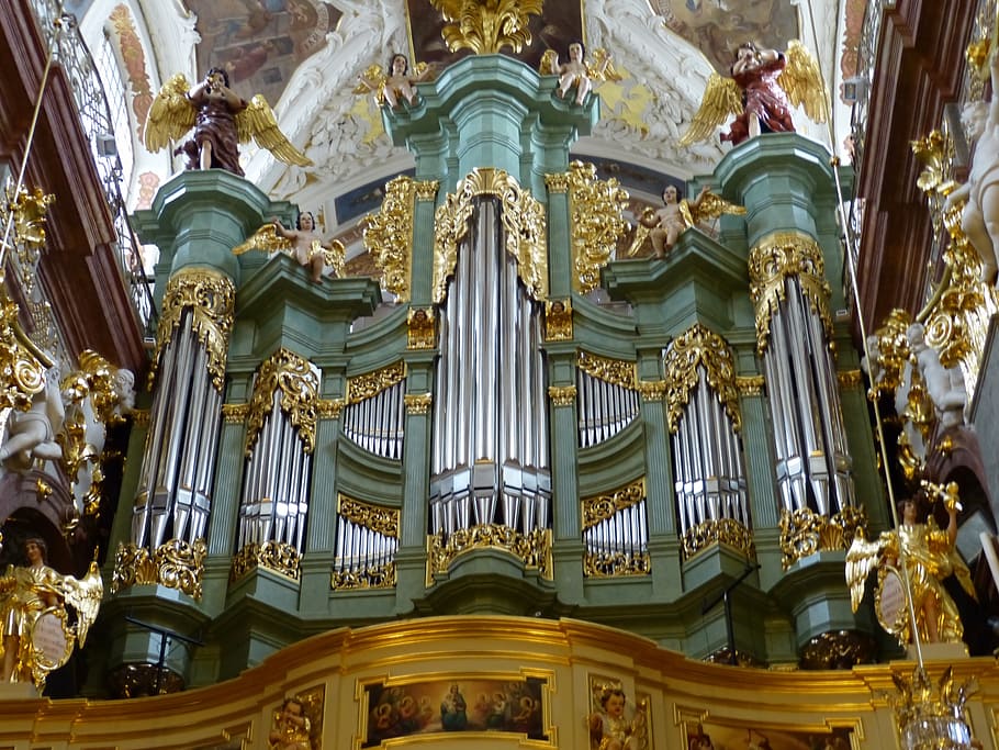 órgano, instrumento musical, música, iglesia, instrumento, silbato, folleto, polonia, barroco, lugar de culto