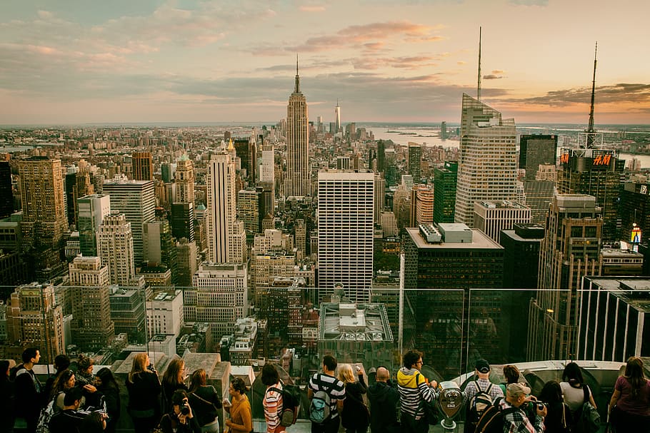 sightseers, gather, one, top, rock observation decks, new, york city, city., seen, background