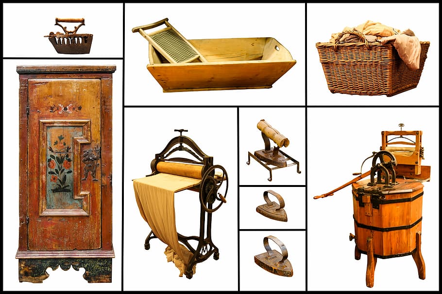 base cabinet, milk, churn, picnic basket collage, nostalgia, items, laundry, iron, house work, budget