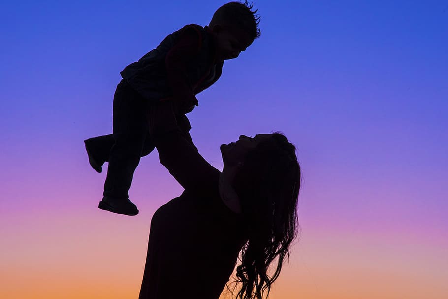 silhouette photo, woman, carrying, baby, Motherhood, Childhood, Child, Family, mother, kid