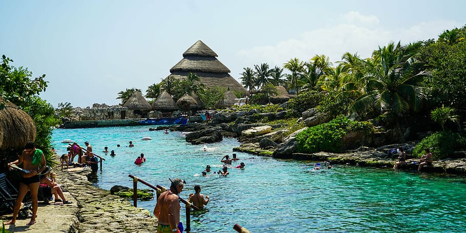 group, people, pool, daytime, xcaret, cancun, mexico, lagoon, hut, person