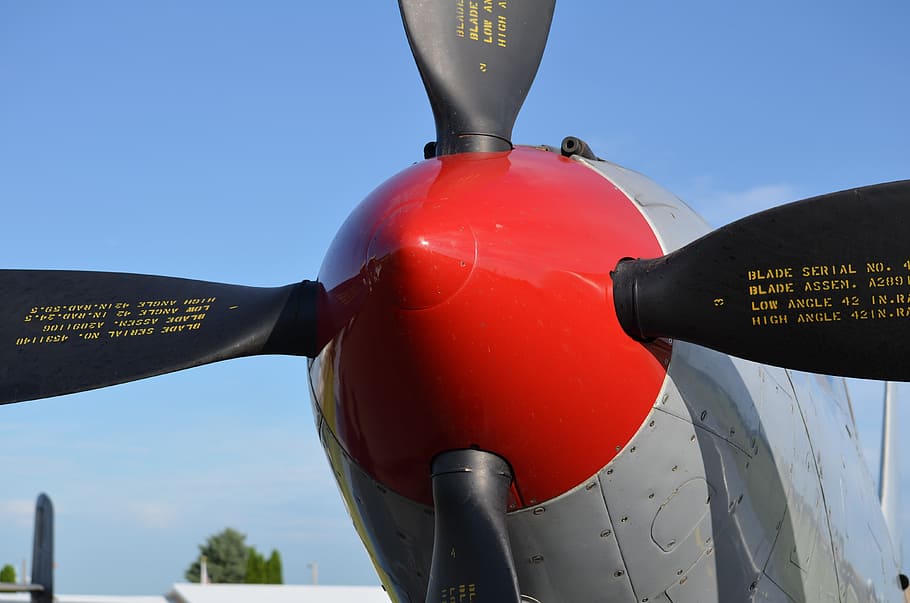 red, gray, aircraft propeller, airshow, aircraft, airplane, fighter, aviation, plane, flight