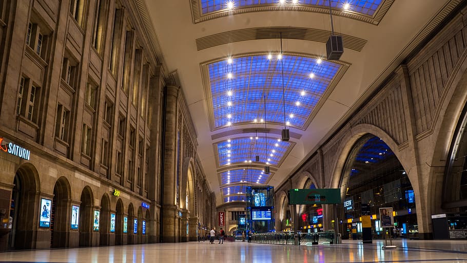 leipzig, central station, db, architecture, illuminated, arch, incidental people, travel, indoors, lighting equipment