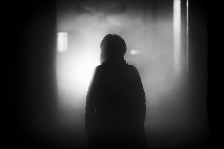 silhouette of person, people, shadow, dark, night, smoke, black and white, silhouette, back lit, rear view