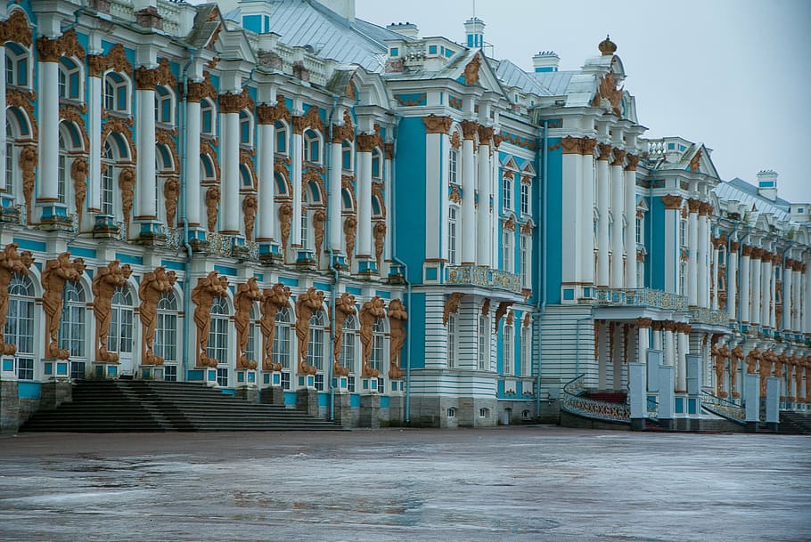 empty, road, blue, white, building, saint petersbourg, catherine palace, pouchkine, tsars, baroque