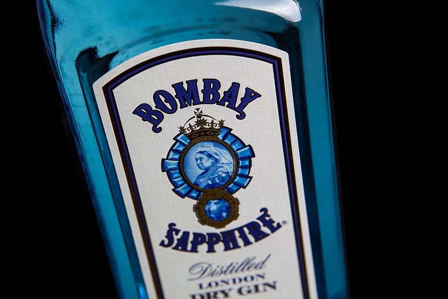 Azul, botella, imagen, capturado, Canon 5, 5d, Primer plano, botella azul, Bombay Sapphire Gin, Canon 5D