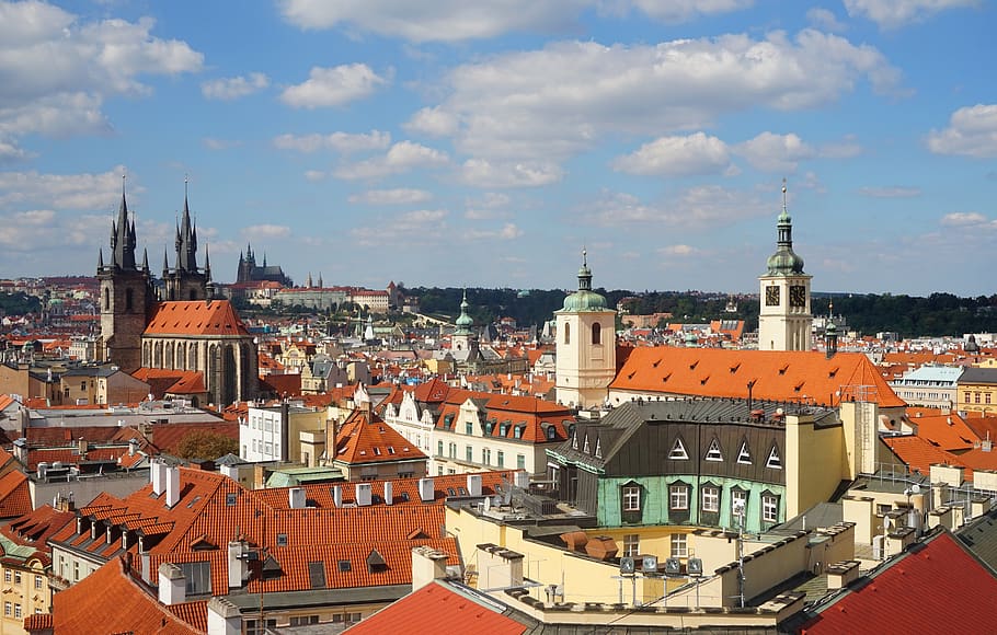 panorama, prague, czechia, cityscape, city, town, architecture, church, towers, churches