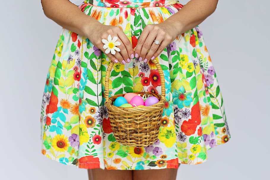 dress, holding, basket, Woman, Easter Eggs, various, easter, egg, eggs, flower