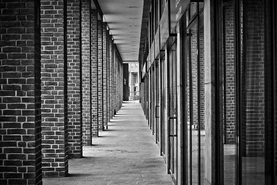 greyscale photography, empty, pathway, architecture, gang, columnar, building, light, shadow, escape