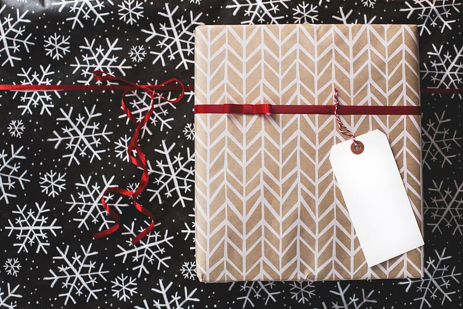brown gift box, brown, white, box, black, surface, christmas, gift, wrap, tag