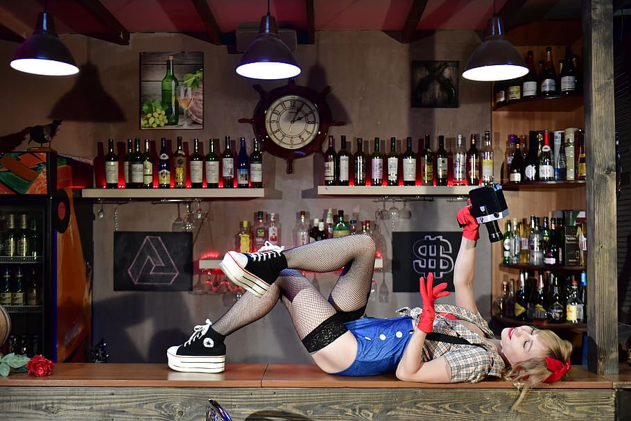 bar, the pub, pin up, girl, coquette, retro, bartender, the bartender, bottle, real people