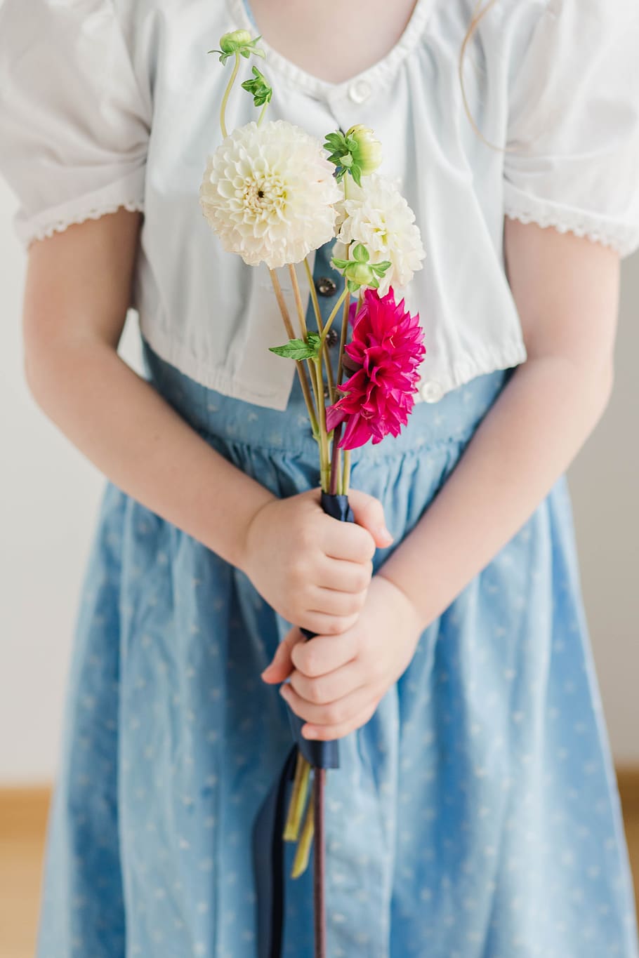 vestido austriaco, dalias, niña con flores, rojo, blanco, niño, dirndl, retrato, flor, vestido azul