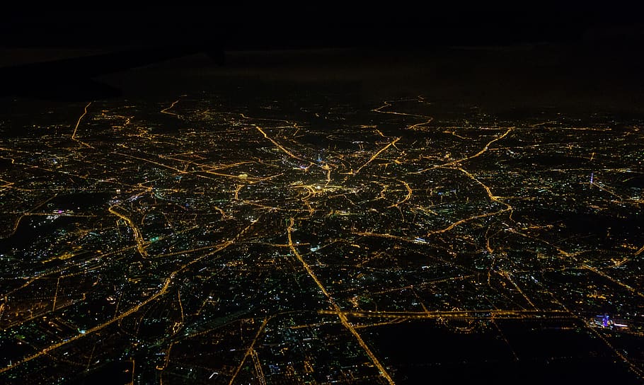 moscow, malam, peta, pesawat, melihat, udara, pesawat terbang, kota, jendela, tinggi
