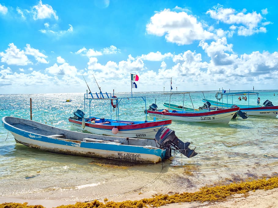 boat, water, ocean, fishing, motor, sky, blue, clouds, mexico, nature