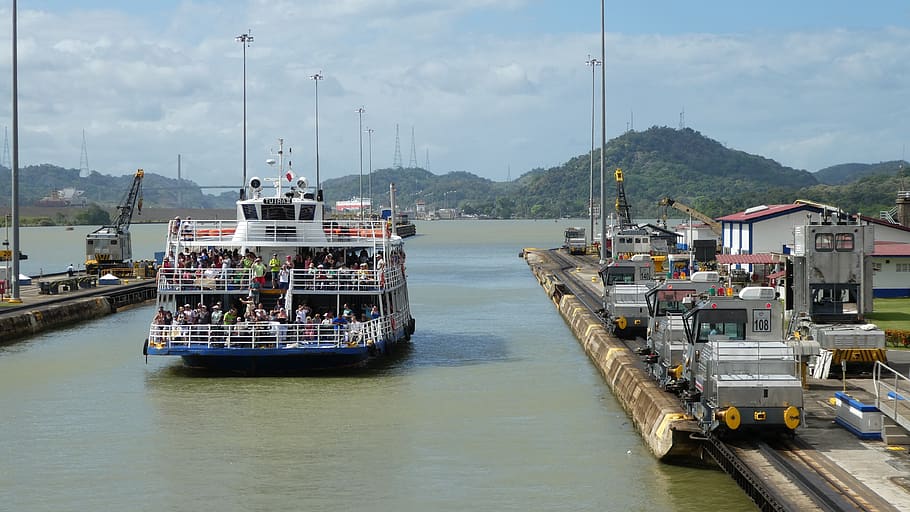 panama, panama canal, caribbean, sky, lock, channel, transportation, mode of transportation, nautical vessel, water