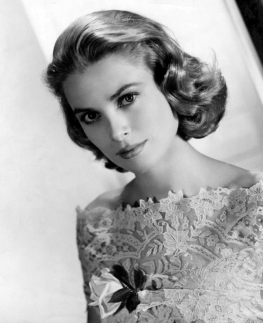 grayscale photo, woman, floral, top, grace kelly, actress, vintage, movies, motion pictures, monochrome
