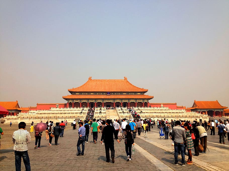 people, gathered, park, Pavilion, Forbidden Palace, Beijing, china, architecture, landmark, building