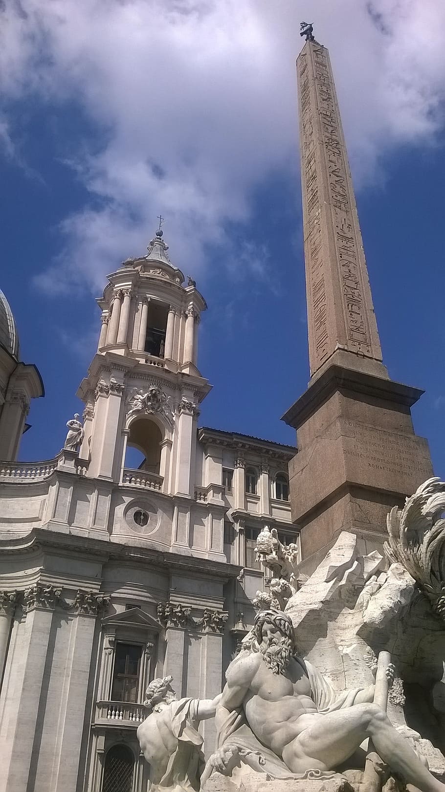 piazza navona, fountain of the rivers, fontana dei quattro fiumi, statue, marble, rome, architecture, sky, sculpture, low angle view