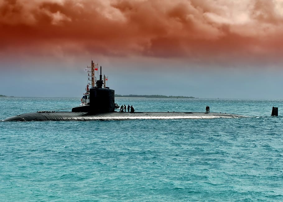 view, submarine, water, boat, navy, sea, ocean, military, outside, sky