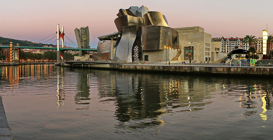 cinza, concreto, construção, corpo, agua, Museu, Guggenheim, Bilbau, Frank Gehry, Gehry