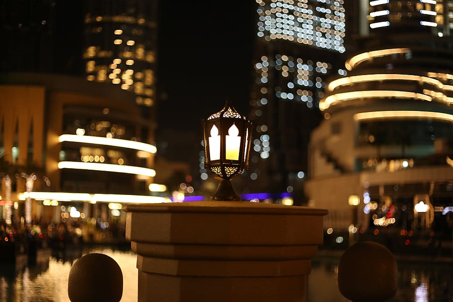 architecture, city, travel, building, light, dubai, burj khalifa, down town, illuminated, night