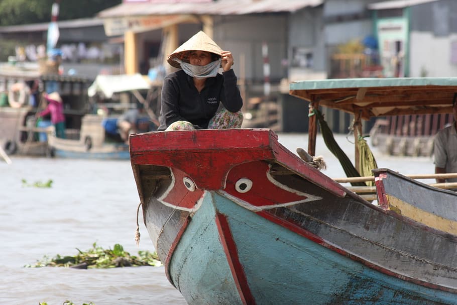 person on boat, Vietnam, Mekong River, Mekong Delta, boat trip, red, nautical vessel, transportation, outdoors, adult