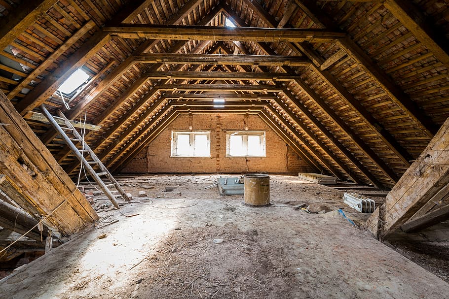house interior, attic, dirty, leave, empty, wood, dusty, old, architecture, by looking