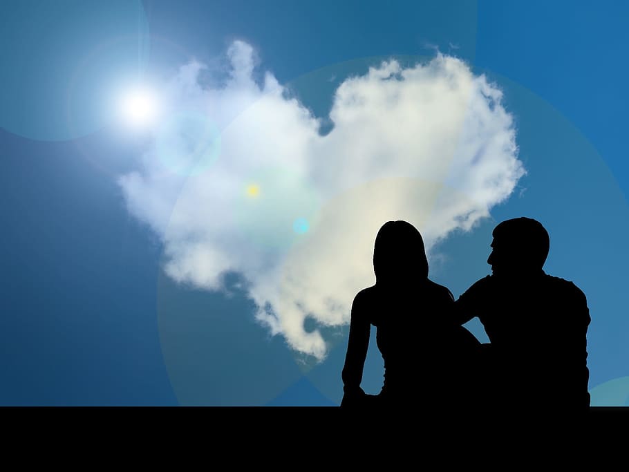 silhouette, man, woman, facing, heart-shaped cloud, love, valentine's day, heart, lovers, pair