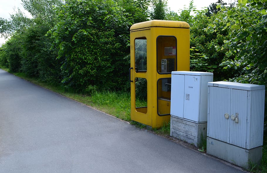 yellow, phone, phone booth, emergency, telekom, post, old, used, communication, telephone
